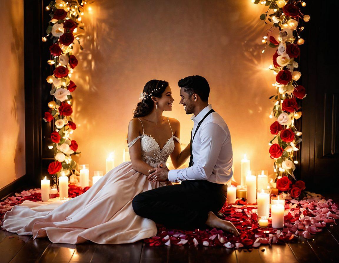A romantic candlelit setting featuring a couple leaning towards each other with playful smiles, surrounded by soft rose petals and twinkling fairy lights. There’s a cozy backdrop of a warm color palette with hints of red and gold, embodying intimacy and allure. The scene conveys a sense of connection and seduction, inviting the viewer to immerse in the romantic atmosphere. super-realistic. warm tones. soft focus.