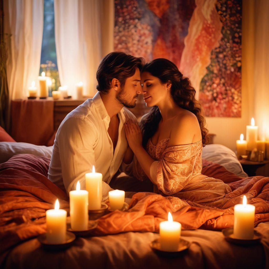 A romantic and intimate scene featuring a couple sharing a sensual moment in a softly lit room, decorated with candles and lush fabrics. The atmosphere should evoke warmth and intimacy, with elements like intertwined hands and blissful expressions, symbolizing a deep emotional connection. Include abstract shapes or soft patterns in the background to represent desire and transformation. Painting style. Warm colors. Soft focus.