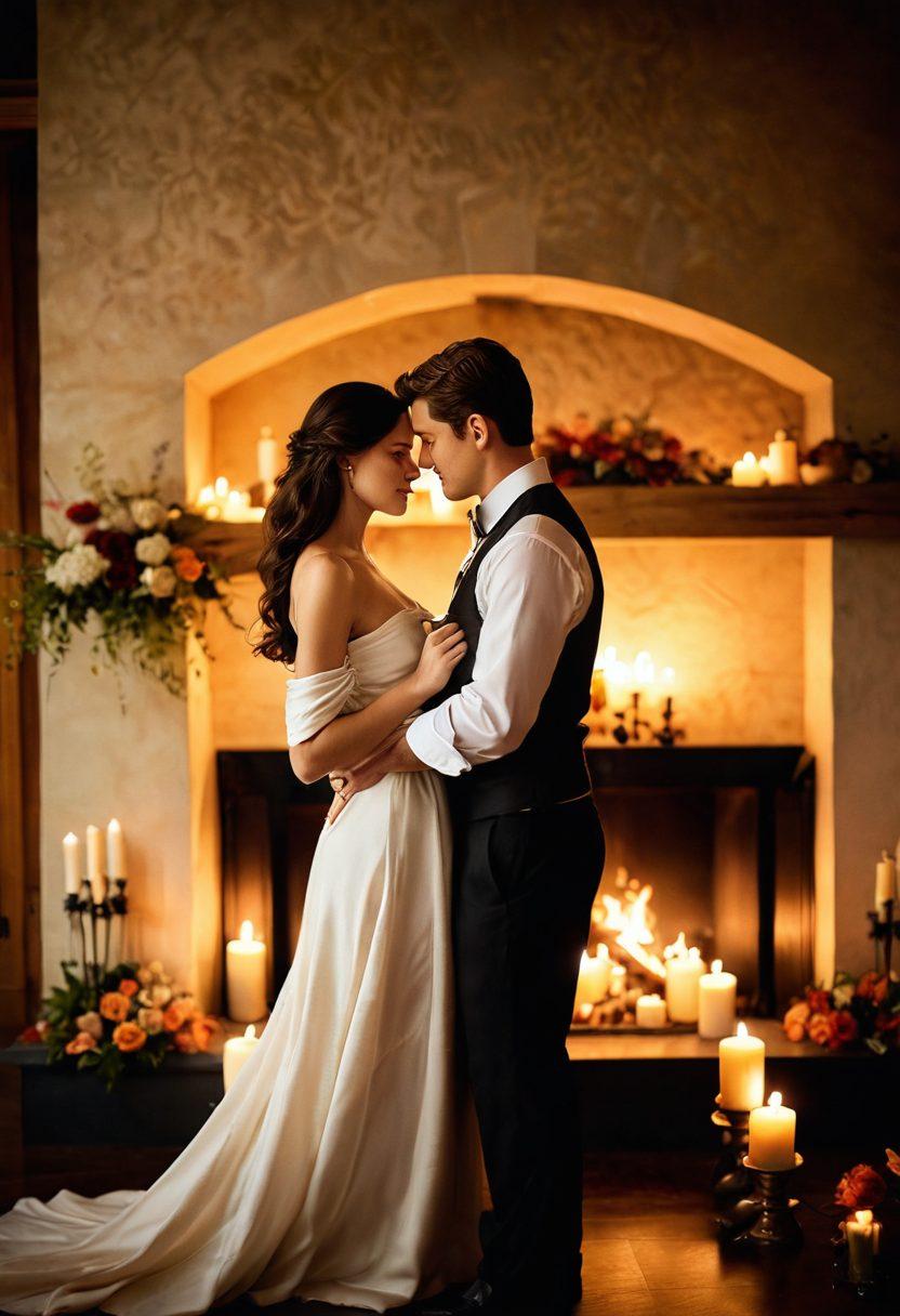 A warm, intimate setting featuring a couple sharing a passionate embrace by a softly lit fireplace, surrounded by candles and flowing soft fabrics. Include gentle, romantic elements like flowers and wine glasses, symbolizing desire and connection. The couple should express love and trust, with subtle backgrounds that enhance the mood. soft lighting, warm tones, romantic atmosphere, super-realistic.